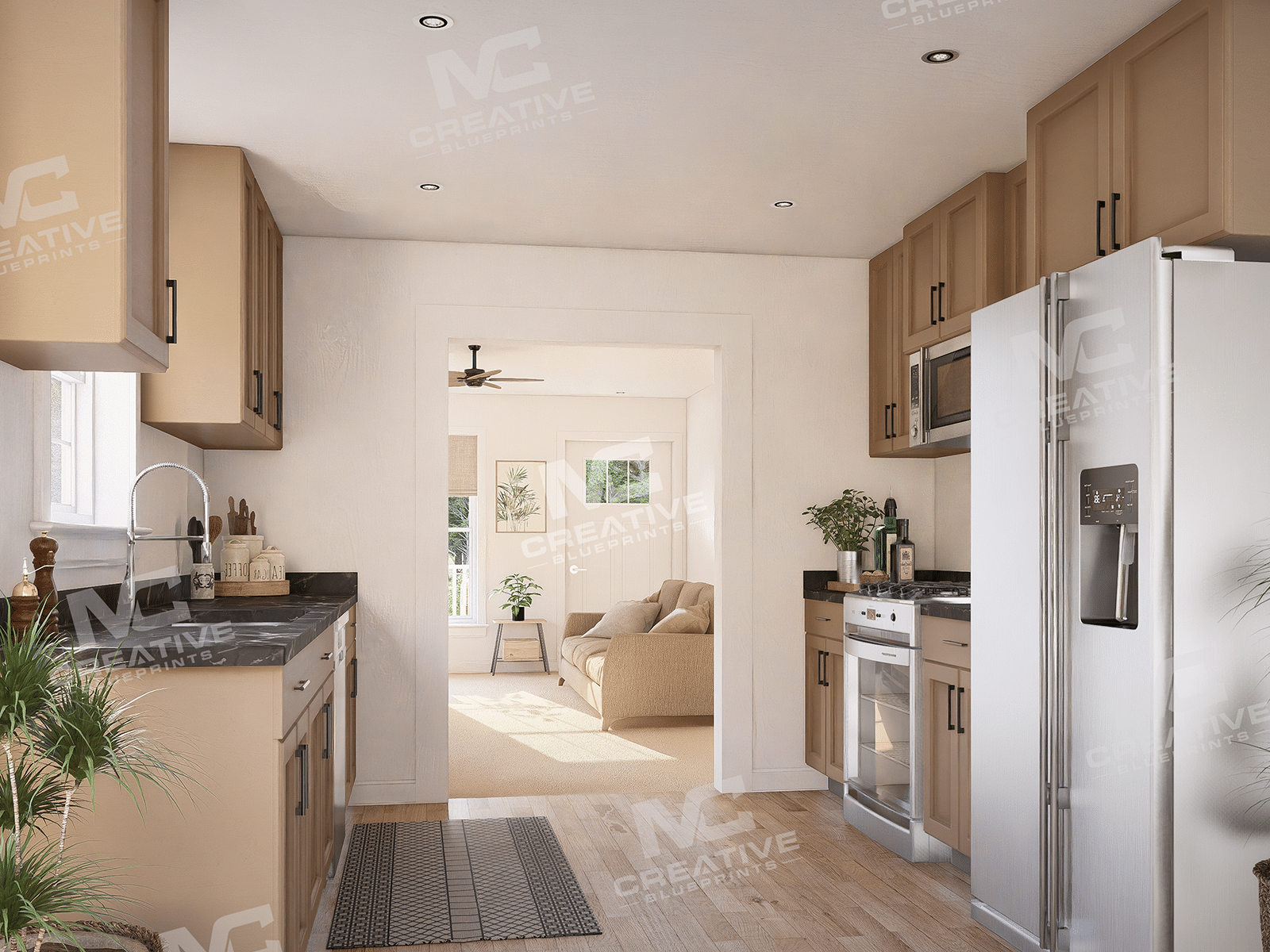 The Cozy Retreat Slab on Grade Flipped Kitchen